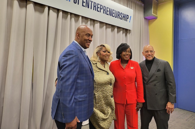 U.S. Pennsylvania Representative Dwight Evans, Patti LaBelle, Mayor Cherelle Parker and PA Senator Vincent Hughes at the Enterprise Center in Philadelphia.