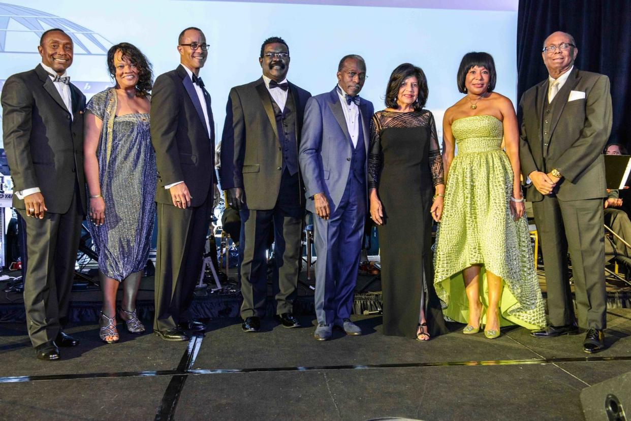 These are representatives from the five families that each gave $100,000 in honor of the Charles H. Wright Museum's 50th in 2015. From left to right: Greg Jackson, Jackie Jackson, Ron Hall Jr., Sid Taylor, Roy Roberts, Maureen Roberts, Vivian Pickard, Dr. William "Doc" Pickard.