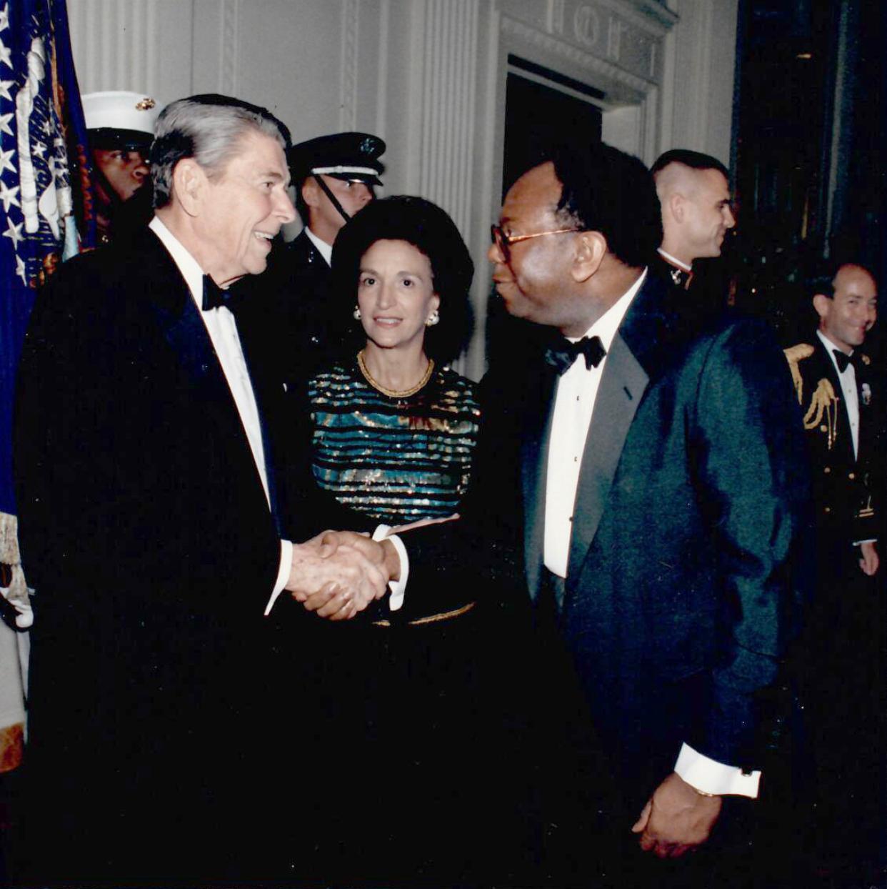 President Ronald Reagan with William "Doc" Pickard at the White House. Pickard was the first chairman of the African Development Foundation in 1982, appointed by Ronald Reagan.