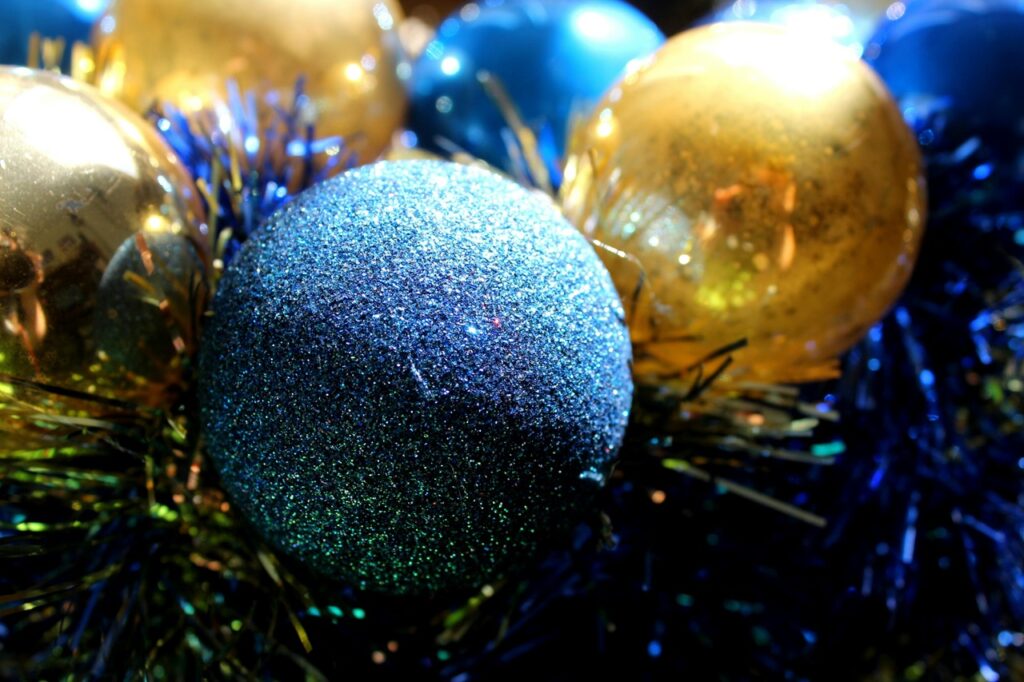 Blue and gold Christmas ornament bulbs