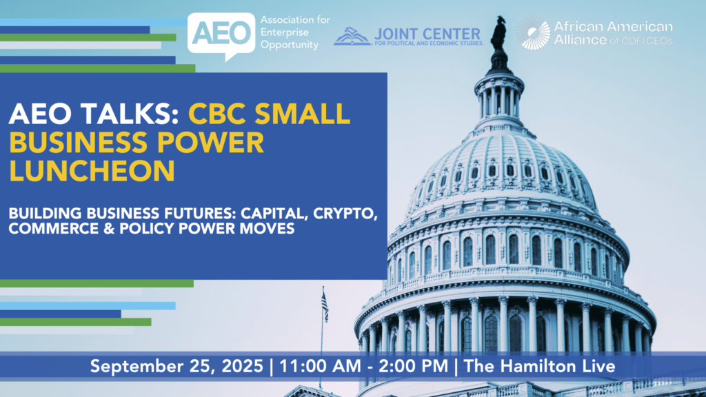 Promotional graphic for AEO Talks: CBC Small Business Power Luncheon, held on September 25, 2025, 11 AM–2 PM at The Hamilton Live, featuring the US Capitol dome and event details.