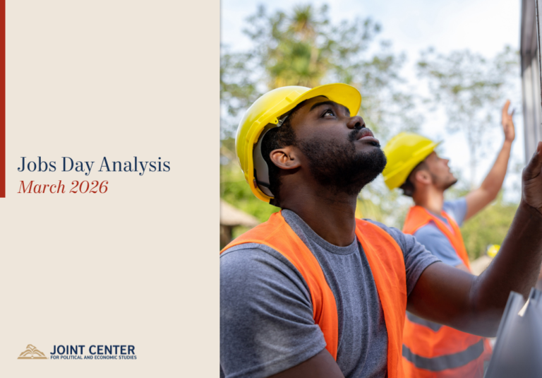 Two construction workers wearing yellow safety helmets and orange vests work outdoors. One man looks upward, focused, as another works in the background. Text reads: “Jobs Day Analysis, March 2026. Joint Center for Political and Economic Studies.”.