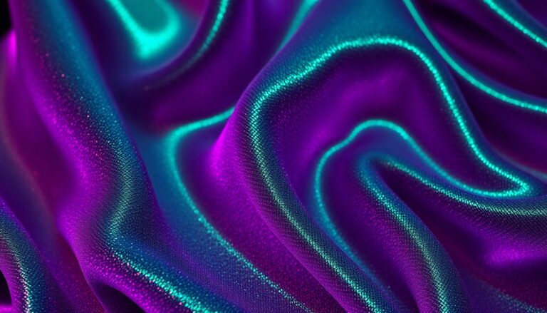 An extreme close-up photograph of a luxurious, shimmering fabric texture in rich, jewel-toned colors, evoking the glamour and opulence of a reality TV show set.