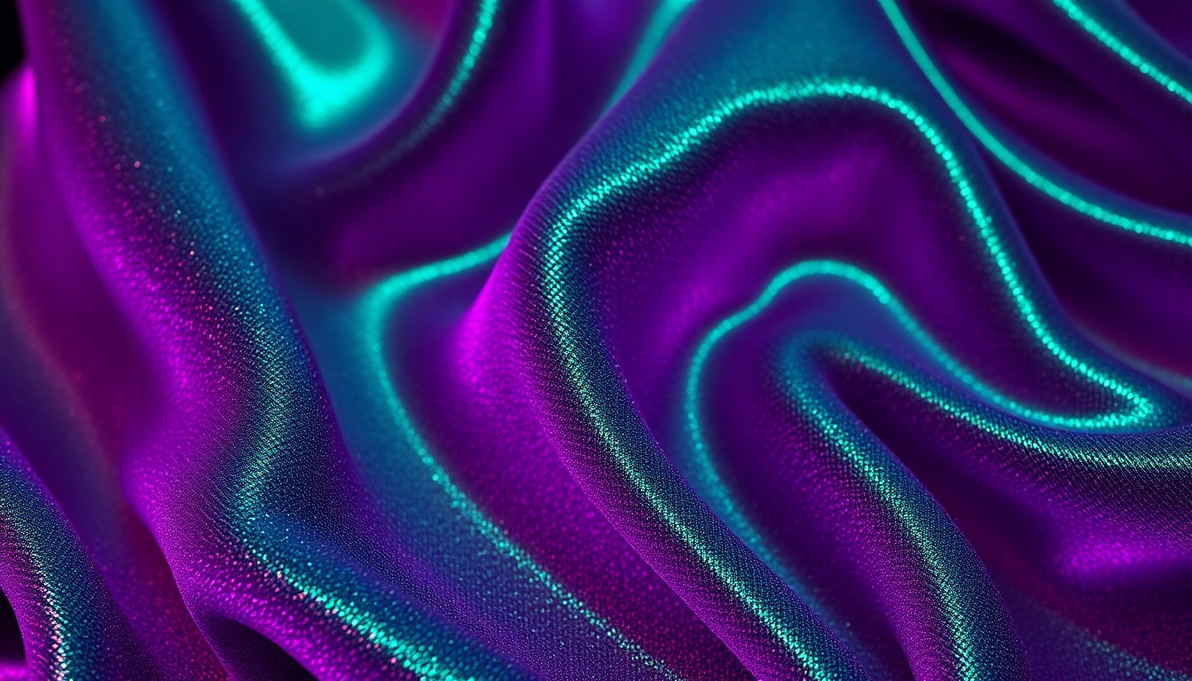 An extreme close-up photograph of a luxurious, shimmering fabric texture in rich, jewel-toned colors, evoking the glamour and opulence of a reality TV show set.