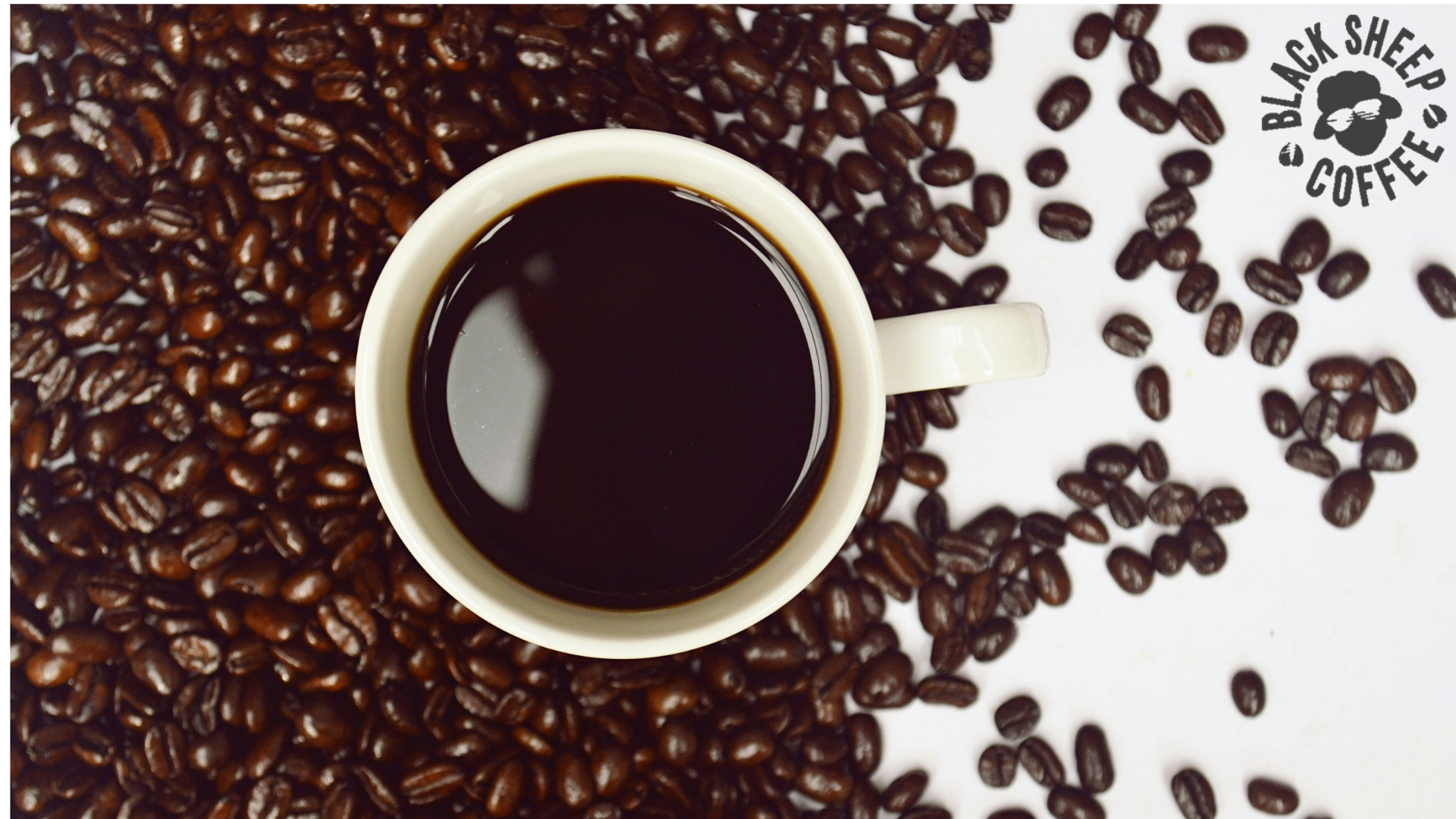 top view coffee cup and beans &mdash; black sheep coffee